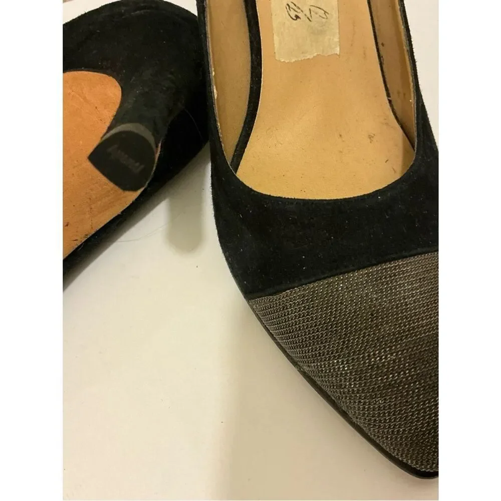 Vaneli Black Suede Pointed Toe Pumps with Metallic Cap Toe 7.5M